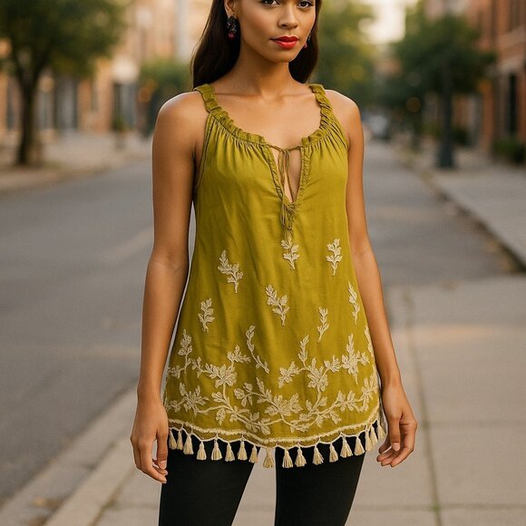 DAVID MEISTER Chartreuse Embroidered Silk Tunic Top L Dress Brocade Tapestry - Picture 15 of 16